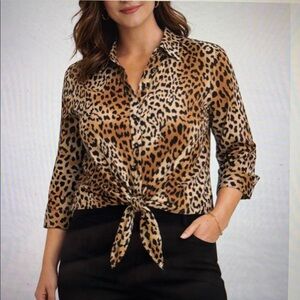 Chico's sz 3.5 (XL 18)  Leopard Tie-up Blouse No Iron